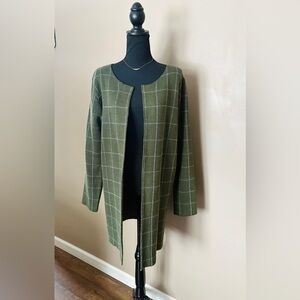 Oliver by Escio Anthropologie green window pane long line open cardigan sweater
